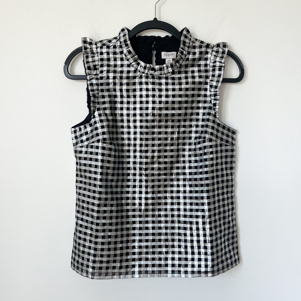 NEW J.Crew Factory Sleeveless Gingham Ruffle Top Metallic Silver Black Women XS
